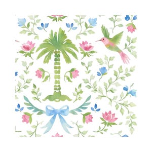 May include: Watercolor illustration featuring a central green palm tree, surrounded by pink and blue flowers, green leaves, and a blue bow. A pink and green hummingbird is also present, all set against a white background. The design has a botanical theme.
