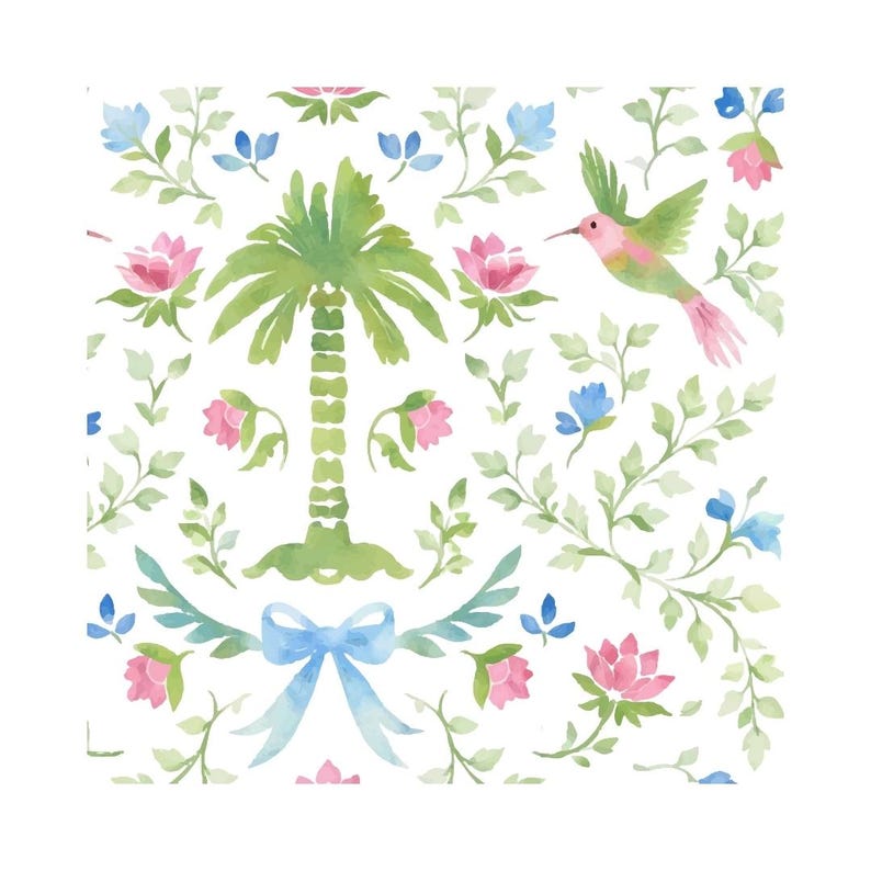 May include: Watercolor illustration featuring a central green palm tree, surrounded by pink and blue flowers, green leaves, and a blue bow. A pink and green hummingbird is also present, all set against a white background. The design has a botanical theme.