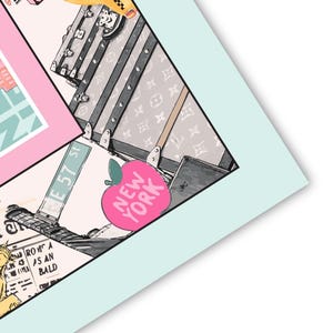 May include: A colorful illustration featuring a pink apple with "NEW YORK" text, a vintage suitcase, and a yellow taxi. The artwork includes a street sign and a pink and blue cityscape, all set against a light background.