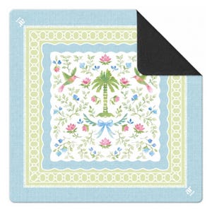 May include: A square doormat with a light blue border and a central design featuring a palm tree, pink flowers, and hummingbirds. The design is framed by a scalloped edge and a white decorative border. The doormat has a black backing.