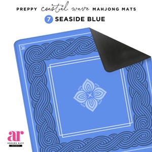 May include: A blue Mahjong mat with a wave design border and a floral pattern in the center. The text "PREPPY coastal wave MAHONG MATS" and "7 SEASIDE BLUE" are printed on the mat. The logo "ar ANDERS RUFF DESIGN CO" is in the bottom left corner.