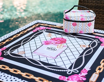 NEOPRENE Eau de Mahj Mahjong Mat | Pink Floral B&W Mahjong Mat | Perfume Style Icon | Luxury | Fashionista | Bamboo Blossoms