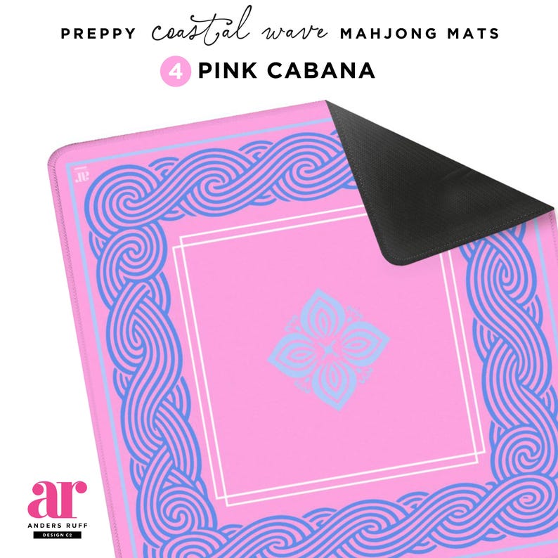 May include: Pink Mahjong mat with a coastal wave design in blue. The mat features a central floral design and a white border. The text "PREPPY coastal wave MAHONG MATS" and "4 PINK CABANA" are visible.