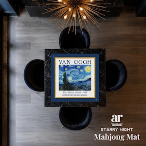 May include: A square mahjong mat featuring a reproduction of Van Gogh's The Starry Night, 1889. The artwork is framed by a gold border on a dark blue background, with the text VAN GOGH at the top and a quote at the bottom of the central image.