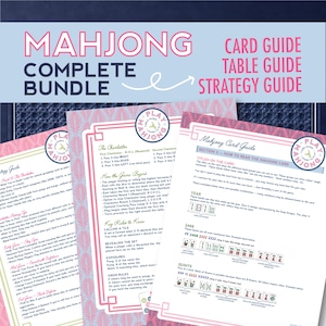 May include: A complete Mahjong bundle with card, table, and strategy guides. The guides feature pink and white art deco style borders and include detailed instructions on how to play the game. The bundle is designed to help players learn and improve their Mahjong skills.