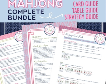 May include: A complete Mahjong bundle with card, table, and strategy guides. The guides feature pink and white art deco style borders and include detailed instructions on how to play the game. The bundle is designed to help players learn and improve their Mahjong skills.