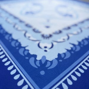 May include: Close-up of a blue and white patterned textile. The design features a central square with a floral motif, surrounded by borders of varying shades of blue. The corners have a teardrop-shaped pattern. The textile has a textured appearance.