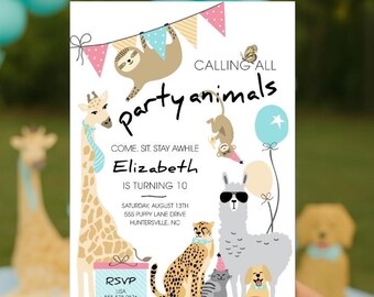 Party Animal Dog & Cat Birthday Invitation | Pet Party Invite | Animal Lover Theme | Instant Download Editable Canva Template