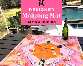 NEW NEOPRENE Limited Run - Bams & Bubbly Mahjong Mat  | Champagne Collection | Preppy Pink, Orange Striped Swirl Design Carry Bag | 33”