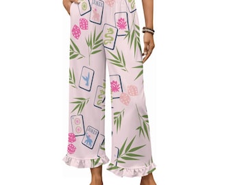 Mahjong Pajama Pants for Women with Ruffle Hem | Cute Mahjong Lounge Pants | Mahjong Lover Gift | Mahjong Girls Night Pajamas | Mahjong Slee