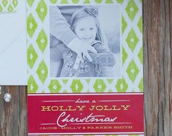 Diamond Ikat Holly Jolly Christmas Holiday Photo Card - 3 Color Options - Printable Customized Card