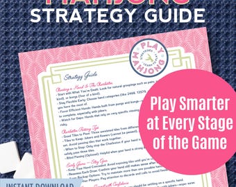 May include: A pink Mahjong Strategy Guide with the title in large, pink letters. The guide includes text about choosing hands, passing tiles, and game strategy. A pink circle with white text says "Play Smarter at Every Stage of the Game."