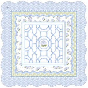 May include: A square, decorative fabric with a scalloped edge. The design features a blue and white color scheme with a geometric trellis pattern in the center, surrounded by floral and patterned borders. The overall aesthetic is delicate and elegant.