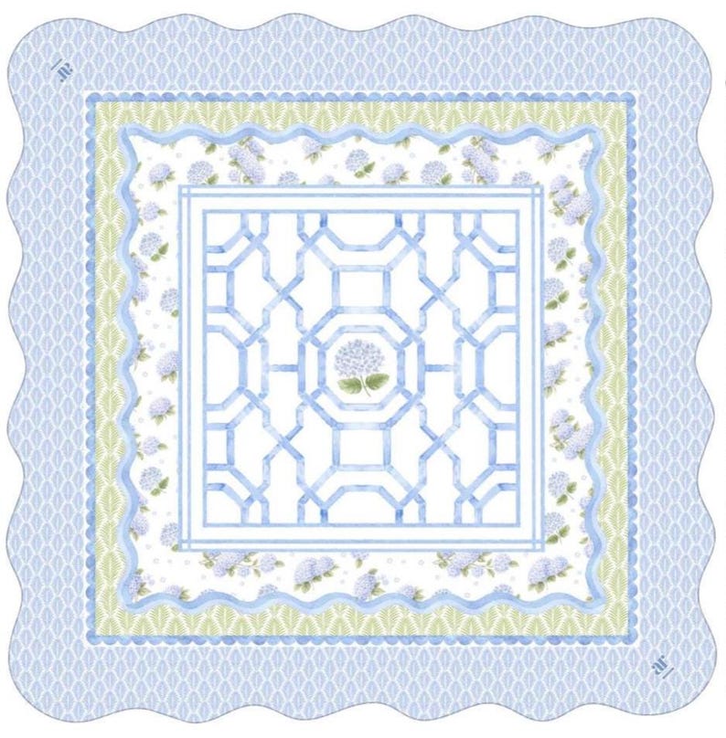 May include: A square, decorative fabric with a scalloped edge. The design features a blue and white color scheme with a geometric trellis pattern in the center, surrounded by floral and patterned borders. The overall aesthetic is delicate and elegant.