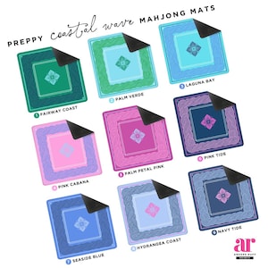 May include: Nine colorful square Mahjong mats with a coastal theme are displayed. Each mat features a central floral design and a decorative border. The mats are labeled with names like "Fairway Coast" and "Pink Cabana". The text "Preppy Coastal Wave Mahjong Mats" is at the top.