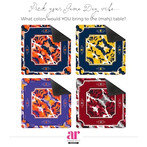 May include: Four colorful Mahjong table mats with abstract designs. Each mat features a different color scheme: orange and blue, yellow and blue, purple and orange, and red and white. The text "Pick your Game Day vibe..." is at the top.