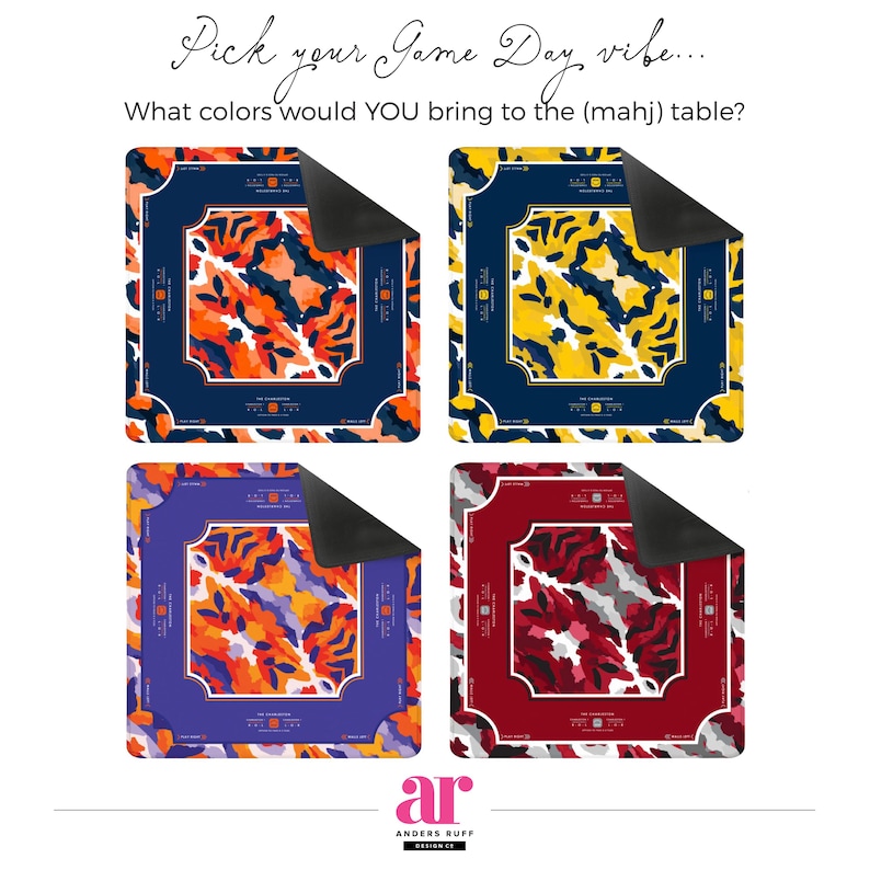 May include: Four square mahjong mats with abstract patterns in orange, yellow, purple, and red colorways. Each mat features a central decorative border, corner accents, and text including Pick your Game Day vibe and What colors would YOU bring to the (mahj) table?