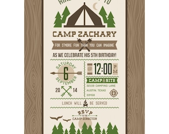 Outdoor Adventure Camping Forest S&#39;mores Sleepover Camp Scout Firepit Campfire Boy Birthday - Printable Customized Invitation