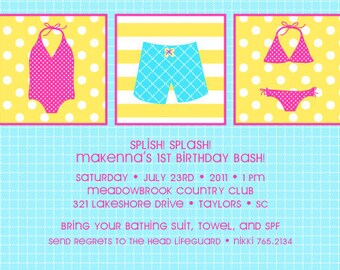 Splish Splash Girl Pool Party Birthday - Printable Customized Invitation