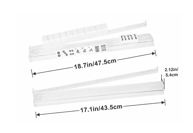 May include: Clear plastic Mahjong tile racks with measurements of 18.7 inches/47.5cm and 17.1 inches/43.5cm. The racks are shown with tiles and have text on them. The height is 2.12 inches/5.4cm.