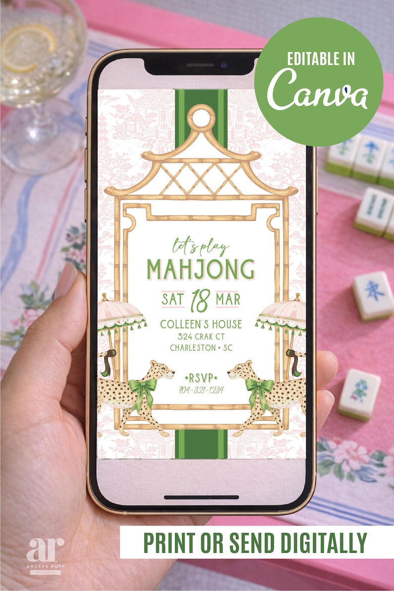May include: A smartphone displays a Mahjong invitation with a gold bamboo frame, cheetahs, and the text "Let's Play Mahjong." The design includes the date, time, and RSVP information. The invitation is editable in Canva.