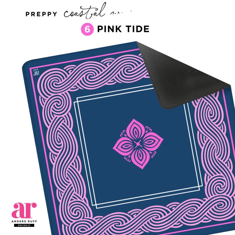 May include: A navy blue mat with a pink floral design in the center and a pink wave-like border. The text "PREPPY coastal" and "6 PINK TIDE" are at the top. The logo "ar ANDERS RUFF DESIGN" is at the bottom.