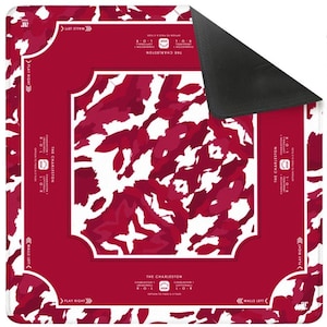 May include: A square game mat featuring a deep red and white camouflage-style pattern. The border includes text reading THE CHARLESTON, CHARLESTON 1, R-O-L, and directional arrows for PLAY RIGHT and WALLS LEFT. The underside of the mat is solid black.