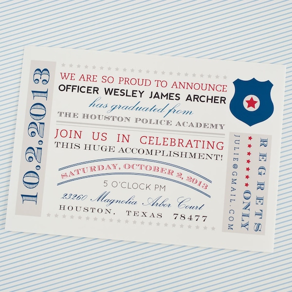 Police Academy Highway Patrol Officer Trooper Badge Graduation Commencement Announcement - Printable Customized Invitation