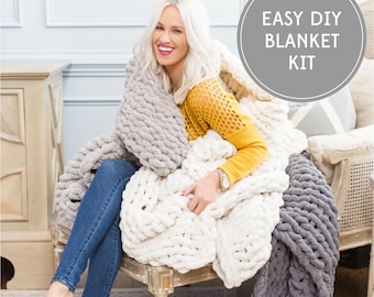 Chunky Knit Blanket DIY Kit – Make Your Own Throw | Hand-Knit “Knit Kit” with Yarn + Step-by-Step Video | Cozy Craft Project | How to Knit