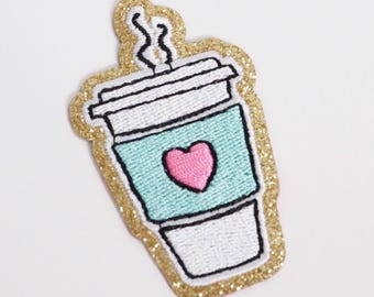 Embroidered Coffee Cup Patch | Glitter Trim | Stick-On Adhesive Patch | DIY Dupe Cosmetic Bags | Nylon Pouch Dance Patch | Coffee Sticker