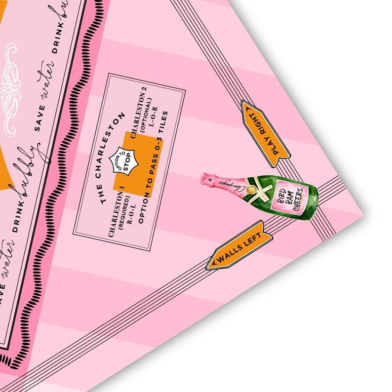 Pu&ograve; includere: Illustrazione di un gioco da tavolo rosa e bianco con testo e una grafica di bottiglia di champagne. Il testo include "The Charleston", "Play Right" e "Walls Left". La bottiglia di champagne ha un'etichetta rosa con la scritta "Bird Bam Cheers".
