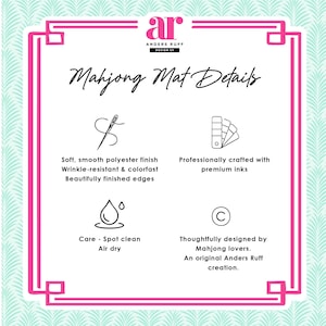 May include: A square, white graphic with pink borders and text. The text reads "Mahjong Mat Details" and lists features like a soft polyester finish, wrinkle resistance, and spot-clean care. The Anders Ruff Design Co. logo is at the top.