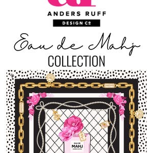 Op de afbeelding: Een sjaalontwerp met een parfumfles en de tekst "EAU DE MAHJ COLLECTION". Het ontwerp bevat roze bloemen, gouden kettingen en een zwart-witte stippenrand. De merknaam "Anders Ruff" is ook zichtbaar.