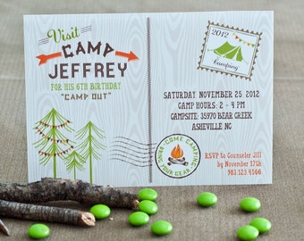 Camping Outdoors Tent S'mores Sleepover Camp Scout Firepit Campfire Boy Birthday - Printable Customized Invitation