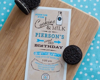 Vintage Milk and Cookies Blue Birthday - Printable Customized Invitation