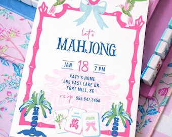 May include: A white invitation with pink bamboo-style borders and the text "Let's Mahjong." The invitation includes the date, time, and location. The design features hummingbirds, palm trees, and Mahjong tiles. The words "Print or Send Digitally" and "Editable in Canva" are also present.