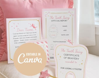 Bearbeitbarer Zahnfee-Brief, Quittungsumschlag-Zertifikatspaket | Printable Fairy Mail Kit für Kinder | Tooth Fairy Canva Printables Vorlage