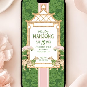 May include: A smartphone displaying a digital invitation with a green background featuring a pagoda pattern. The center frame is bamboo-style, containing text: let's play MAHJONG, SAT 18 MAR, COLLEEN'S HOUSE, 324 CRAK CT, CHARLESTON SC, RSVP 704-821-1234.