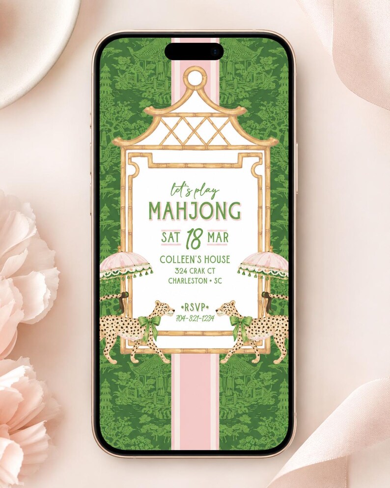 May include: A smartphone displaying a digital invitation with a green background featuring a pagoda pattern. The center frame is bamboo-style, containing text: let's play MAHJONG, SAT 18 MAR, COLLEEN'S HOUSE, 324 CRAK CT, CHARLESTON SC, RSVP 704-821-1234.