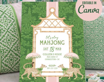 May include: A rectangular invitation card featuring a green toile background with a central bamboo-style frame. The text reads: let's play MAHJONG, SAT 18 MAR, COLLEEN'S HOUSE, 324 CRAK CT, CHARLESTON SC, and RSVP 704-321-1234. Two cheetahs with green bows flank the base.