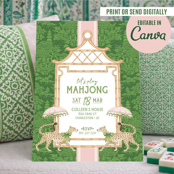 Mahjong Invitation | Chinoiserie Mahjong Party Invite | Pink & Green Mahjong Night Digital Invite | Editable Canva Template Cheetah Pagoda