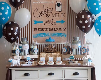 Vintage Milk and Cookies Birthday First Birthday Sweet Sign Poster - Blue or Pink - Printable Customized Poster