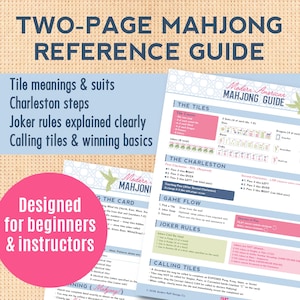 May include: A two-page Mahjong reference guide with detailed tile meanings, Charleston steps, and joker rules. The guide is designed for beginners and instructors, with clear explanations and winning basics. The text includes "Modern American Mahjong Guide".