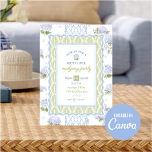 May include: A white invitation card with a blue and green floral design, announcing a "Pretty Little Mahjong Party." The card includes the date, time, and location, with the text "Editable in Canva" in a blue circle.