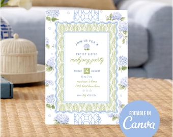 Pode incluir: Um cartão de convite branco com um design floral azul e verde, anunciando uma "Pretty Little Mahjong Party". O cartão inclui a data, hora e local, com o texto "Editable in Canva" em um círculo azul.