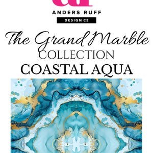May include: A digitally created design featuring a marble pattern in shades of teal and gold. The design is part of "The Grand Marble Collection Coastal Aqua" by Anders Ruff Design Co. The logo includes the letters "ar" in pink.