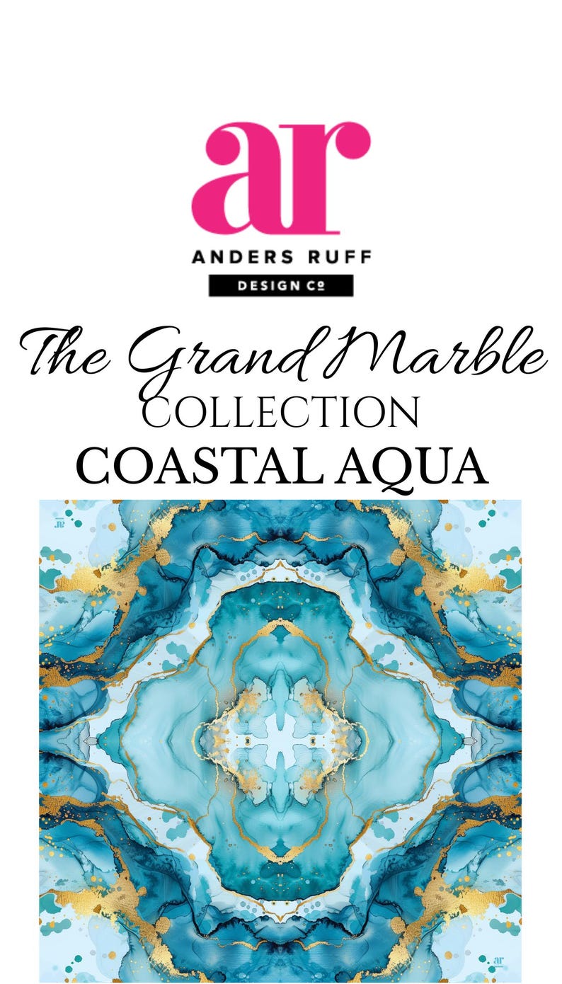 May include: A digitally created design featuring a marble pattern in shades of teal and gold. The design is part of "The Grand Marble Collection Coastal Aqua" by Anders Ruff Design Co. The logo includes the letters "ar" in pink.