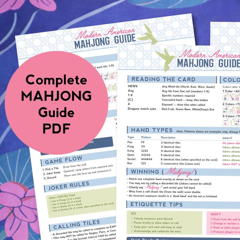 May include: A guide for the game of Mahjong, featuring a pink circle with the text "Complete Mahjong Guide PDF." The guide includes sections on reading the card, hand types, and winning strategies. The text "Modern American Mahjong Guide" is at the top.