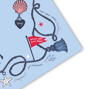 May include: A light blue game mat featuring dark blue rope illustrations, a red flag with the text WALLS LEFT PLAY RIGHT, a pink seashell, a dark heart with the text MAHJ, a starfish, and text including CHARLESTON 1: RIGHT-OVER-LEFT and PASS 1-3 TILES.