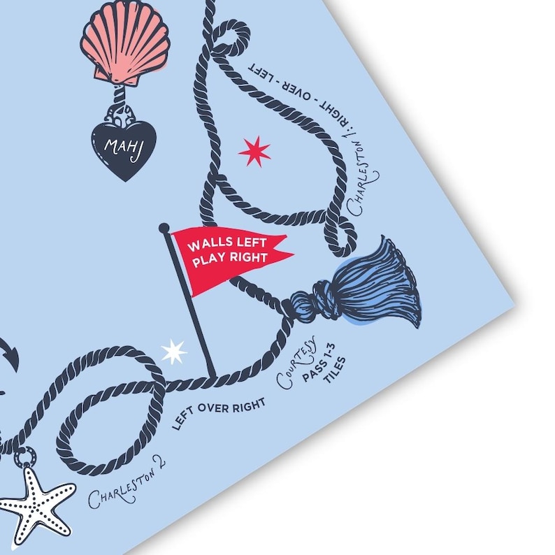 May include: A light blue game mat featuring dark blue rope illustrations, a red flag with the text WALLS LEFT PLAY RIGHT, a pink seashell, a dark heart with the text MAHJ, a starfish, and text including CHARLESTON 1: RIGHT-OVER-LEFT and PASS 1-3 TILES.